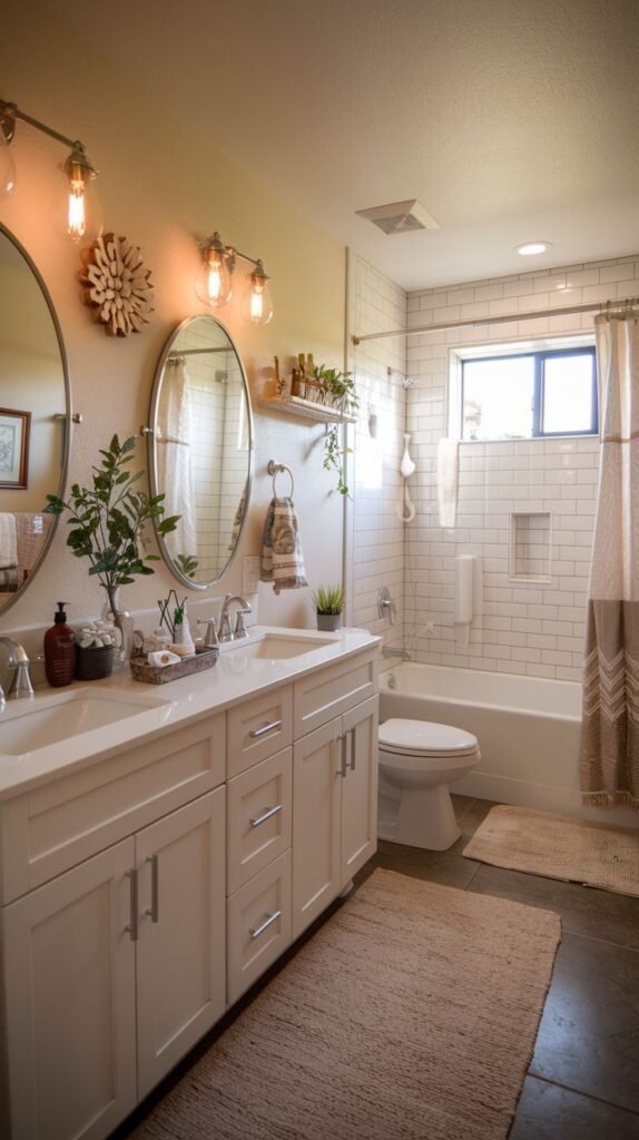 Cozy Small Full Bathroom featuring a spacious white double vanity with silver hardware, large oval mirrors, and white subway tile in the tub area.