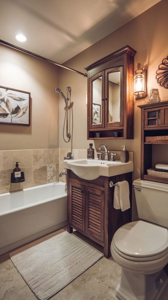 Cozy Small Full Bathroom accented with a dark wood louvered vanity, warm neutral tan walls, natural stone wainscoting, and a wall-mounted storage cabinet over the toilet.