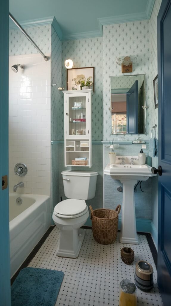 Cozy Small Full Bathroom featuring decorative blue and white patterned wallpaper, a light blue ceiling, white subway tile wainscoting, and a tall white storage hutch over the toilet.