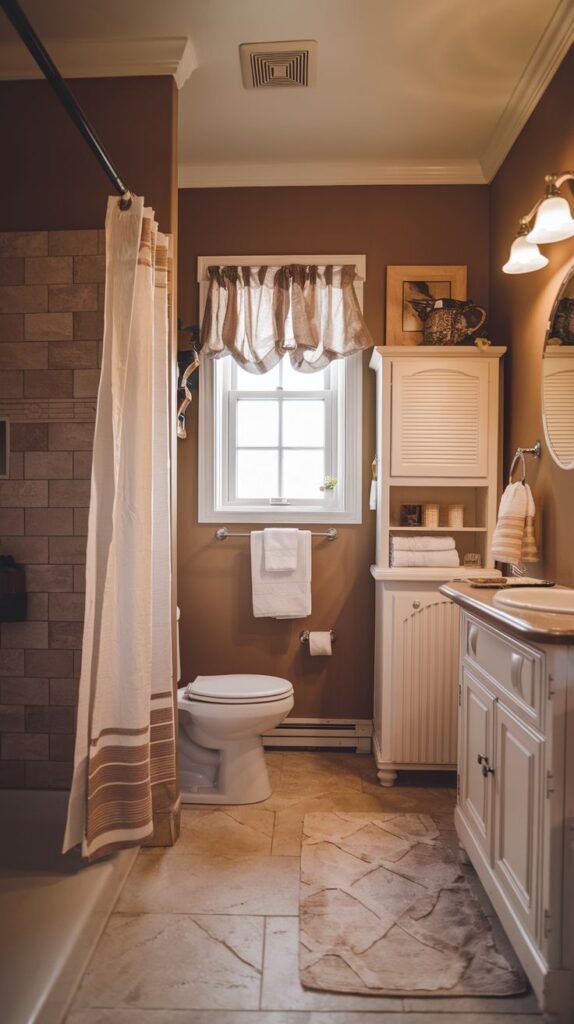 Cozy Small Full Bathroom with warm brown walls, stacked stone tile in the shower enclosure, and a white shutter-style cabinet beside the toilet.