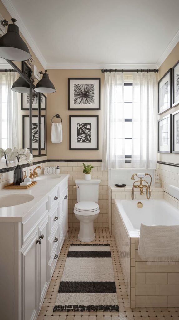 Cozy Small Full Bathroom featuring a long white double vanity, a black and white striped runner rug, and black and white framed artwork creating a gallery wall.