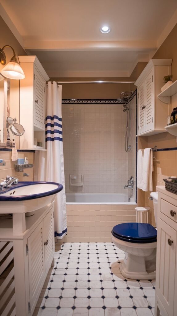 Cozy Small Full Bathroom designed with a nautical theme, featuring navy blue accents like the toilet seat, and white vertical storage cabinets flanking the tub.