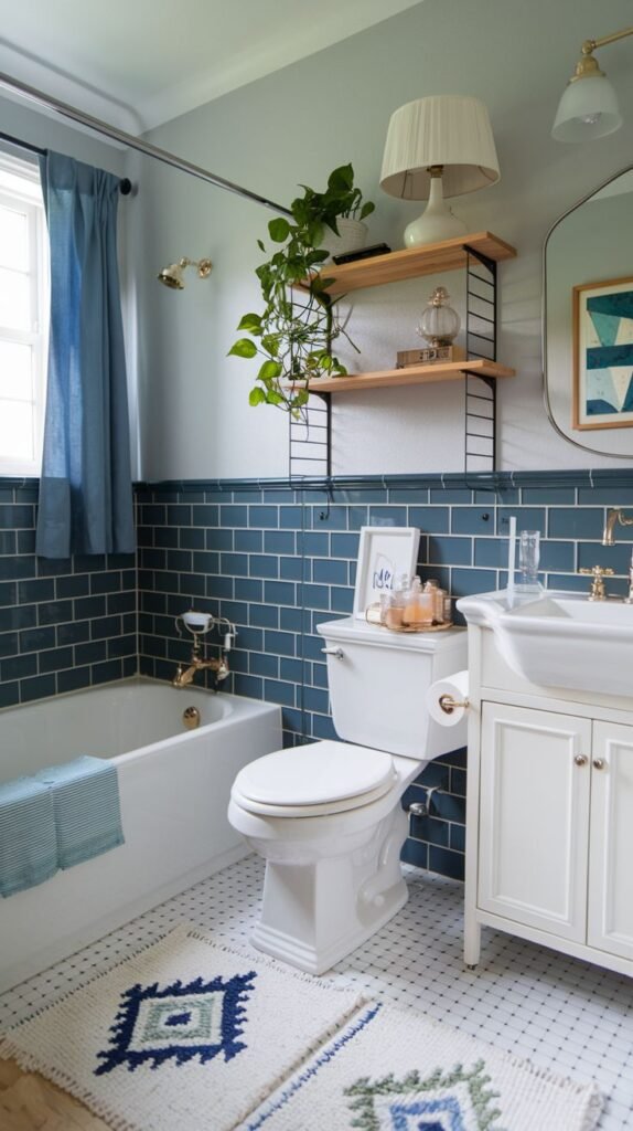 Cozy Small Full Bathroom featuring deep blue subway tile wainscoting, pale blue upper walls, and open shelving above the toilet holding plants and decor.