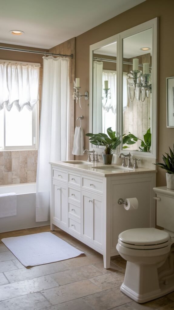 Cozy Small Full Bathroom with a large white double vanity, tan walls, and a full-width mirror reflecting light from the decorative sconces.