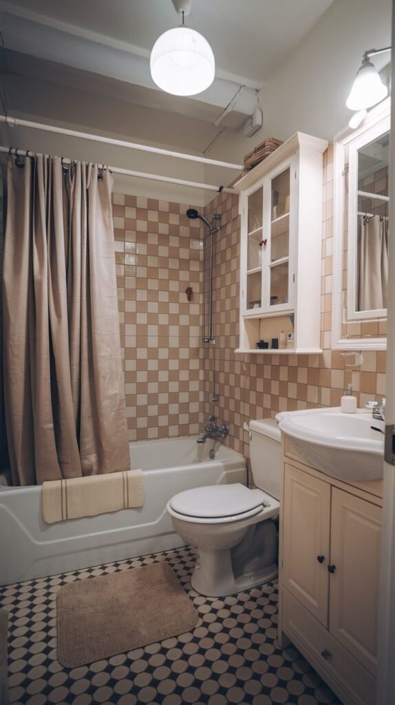 Cozy Small Full Bathroom with checkered cream and tan wall tile surrounding the tub, and a glass-fronted medicine cabinet installed above the toilet.