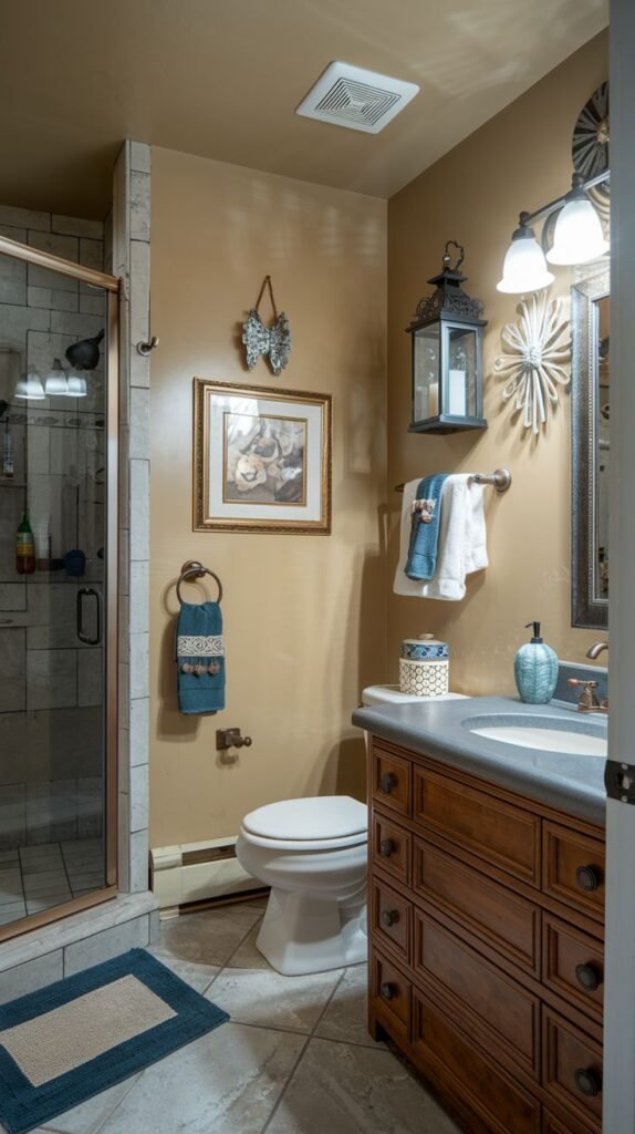 Cozy Small Full Bathroom featuring a dark wood vanity with multiple drawers, a glass shower stall, and decorative rustic lantern and starburst accents.