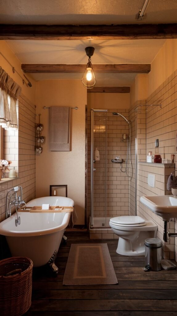 Cozy Small Full Bathroom in a rustic style, featuring dark wood plank flooring, exposed wood ceiling beams, a clawfoot tub, and a separate glass shower enclosure.