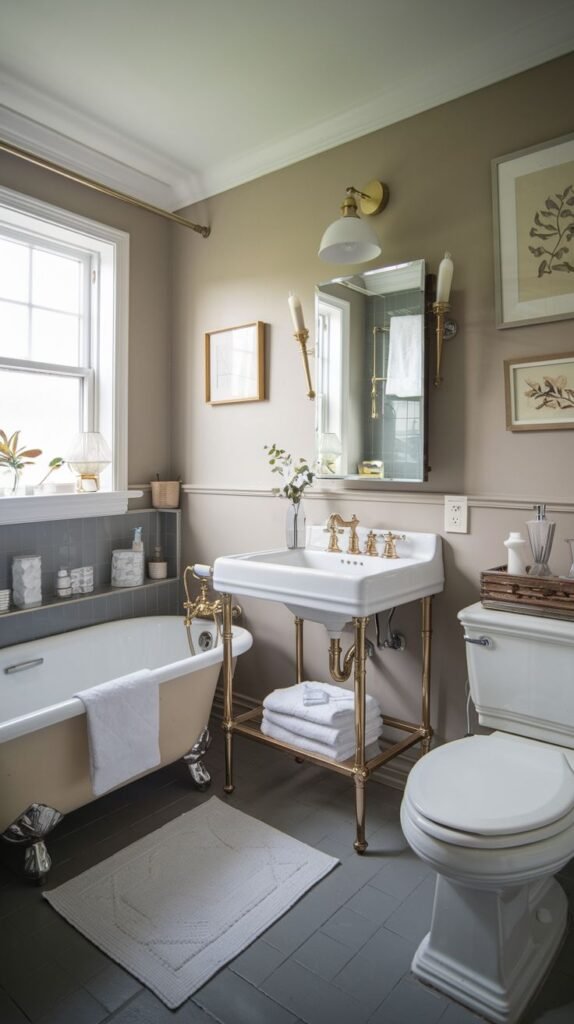 Cozy Small Full Bathroom with an elegant brass-framed console sink, exposed towel storage underneath, and a traditional, two-toned clawfoot tub.