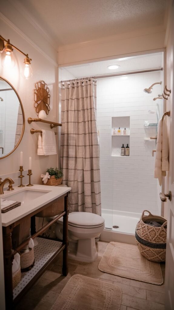 Cozy Small Full Bathroom combining bohemian textures (baskets, rattan accents) with a white tile shower enclosure featuring built-in recessed niches.