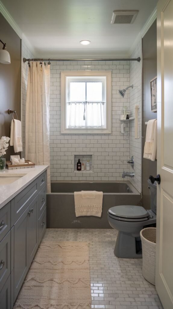 Cozy Small Full Bathroom featuring a long grey vanity, dark grey tub paneling and toilet, and white subway tile wainscoting in the tub area.