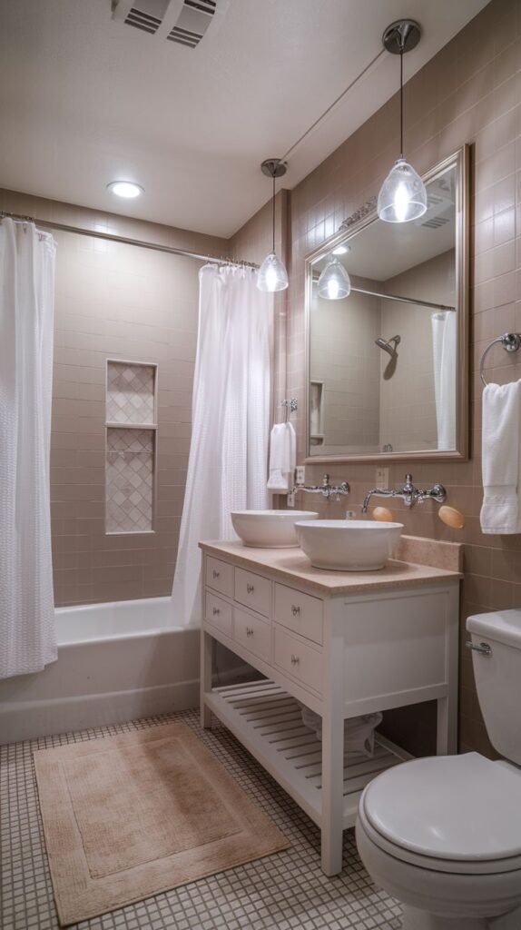 Cozy Small Full Bathroom utilizing a white floating vanity with open shelving and double vessel sinks, set against full beige tiled walls.