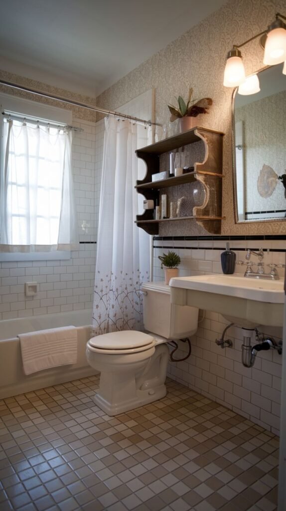 Cozy Small Full Bathroom mixing patterned wallpaper above the wainscoting, white subway tile, a black trim border, and a dark wood shelving unit over the toilet.