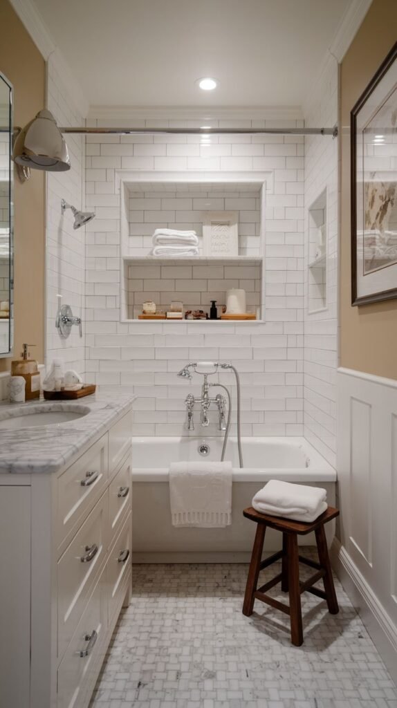 Cozy Small Full Bathroom emphasizing streamlined storage with large, horizontal recessed shelving built into the white subway tile tub wall.