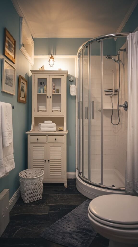 Cozy Small Full Bathroom with light blue walls, dark flooring, a louvered white storage hutch, and a space-saving curved glass corner shower enclosure.