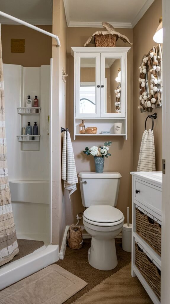 Cozy Small Full Bathroom utilizing natural textures, woven baskets serving as vanity drawers, and a white mirrored medicine cabinet above the toilet.