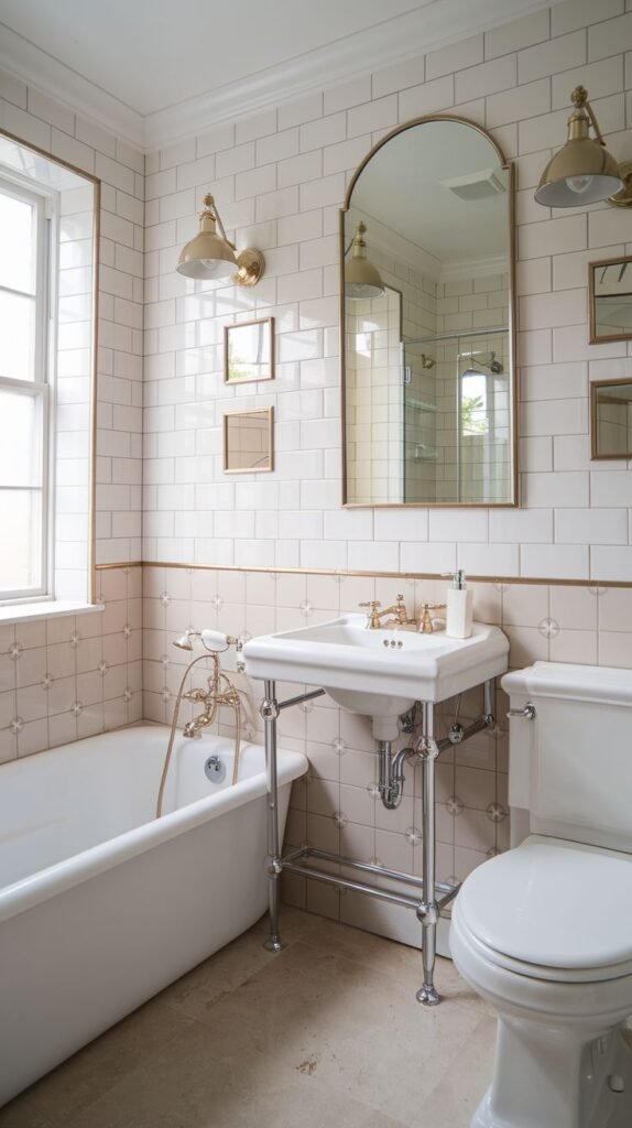 Cozy Small Full Bathroom featuring a traditional console sink with chrome piping and bright white subway tile walls accented with thin brass tile trim.