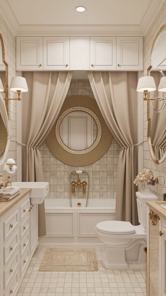 Cozy Small Full Bathroom designed luxuriously with gold accents, floor-to-ceiling drapery framing the tub, and overhead white storage cabinets.