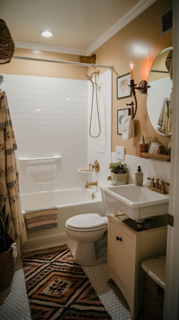 Cozy Small Full Bathroom accented by a large, colorful tribal patterned rug on a white penny mosaic floor, and warm beige painted walls.