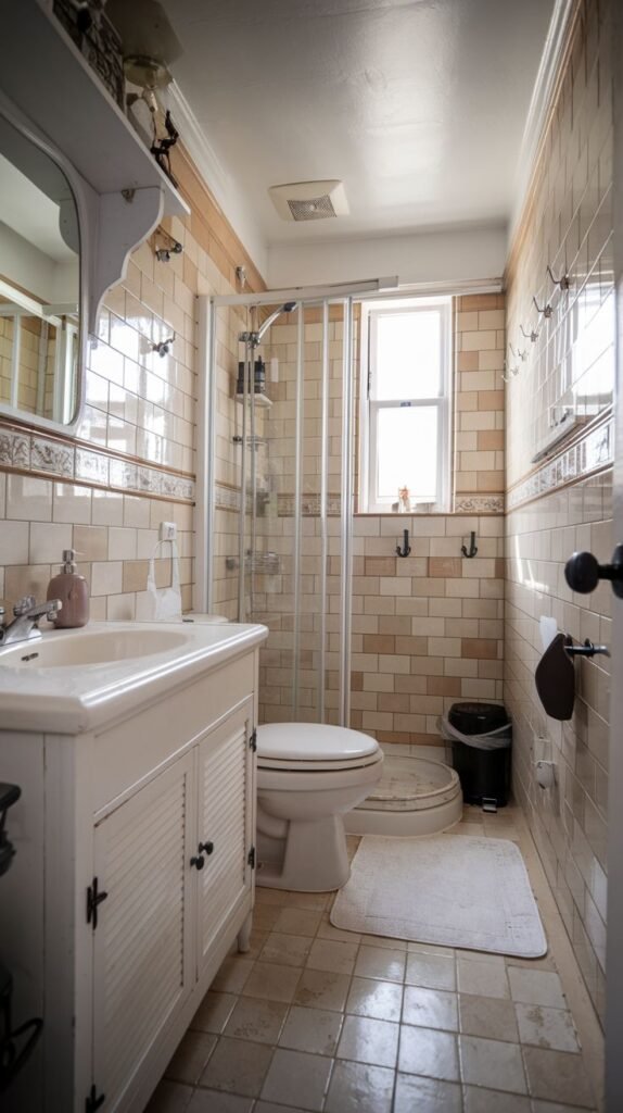 Cozy Small Full Bathroom fully tiled in warm beige, featuring a corner glass shower stall, a louvered white sink cabinet, and vintage coat hooks on the wall.