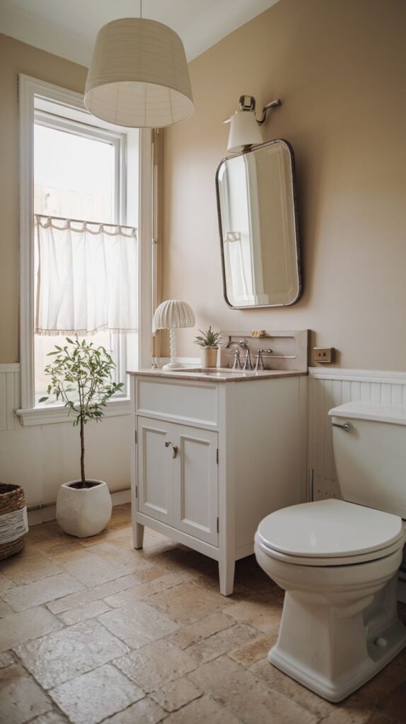 Cozy Small Full Bathroom with warm, light brick-look stone floor tiles, white beadboard wainscoting, a white cabinet vanity, and a large window with sheer curtains.