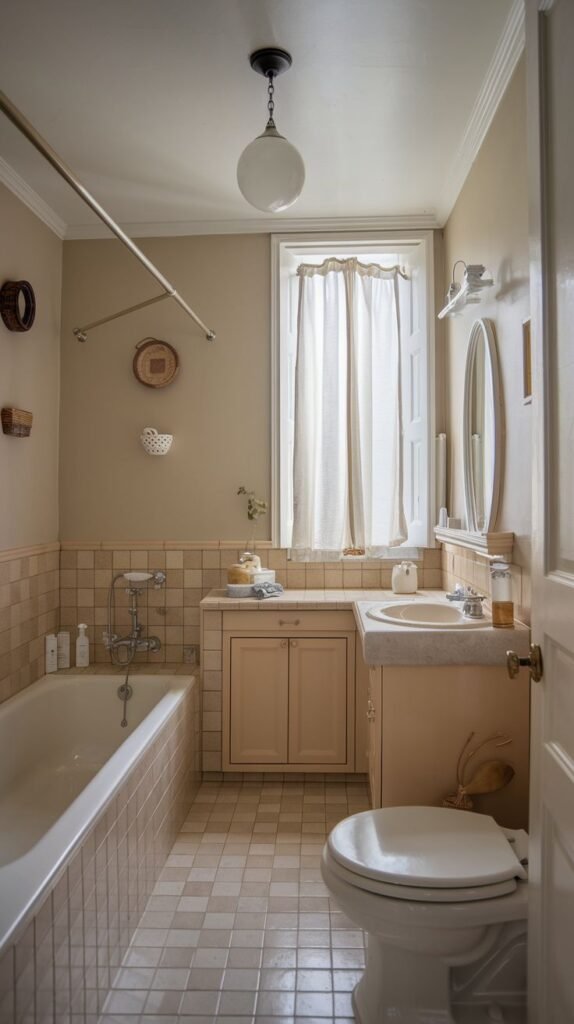 Cozy Small Full Bathroom wrapped in continuous warm neutral square tile, featuring a corner built-in vanity and counter space extending over the toilet area.