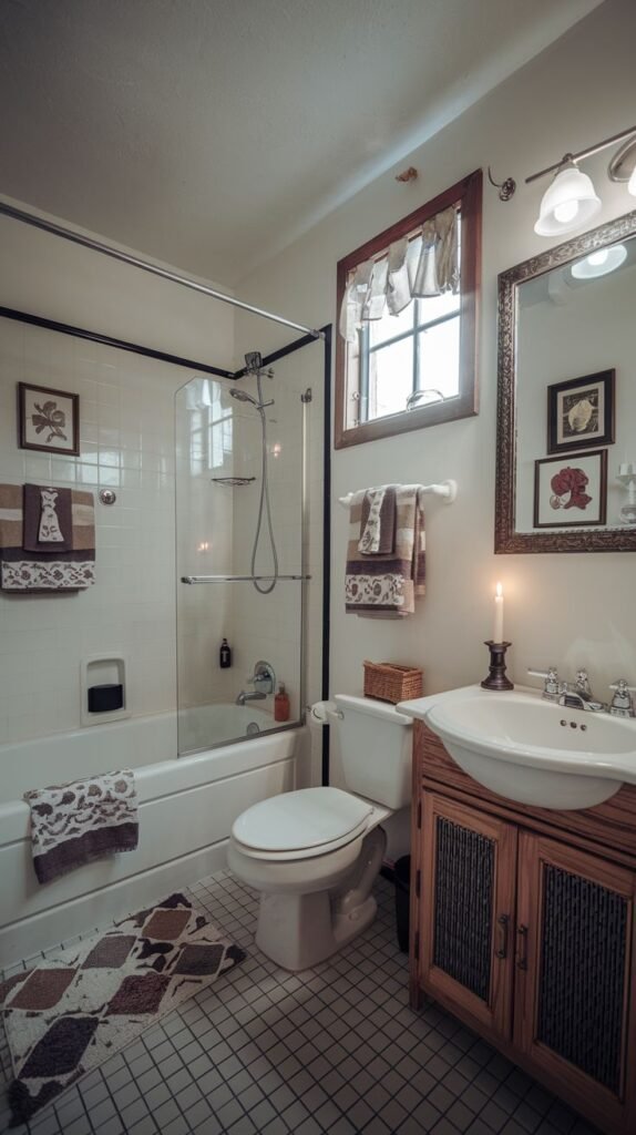 Cozy Small Full Bathroom emphasizing traditional comfort with a wooden vanity, patterned accessories, and a lit candle placed on the countertop.