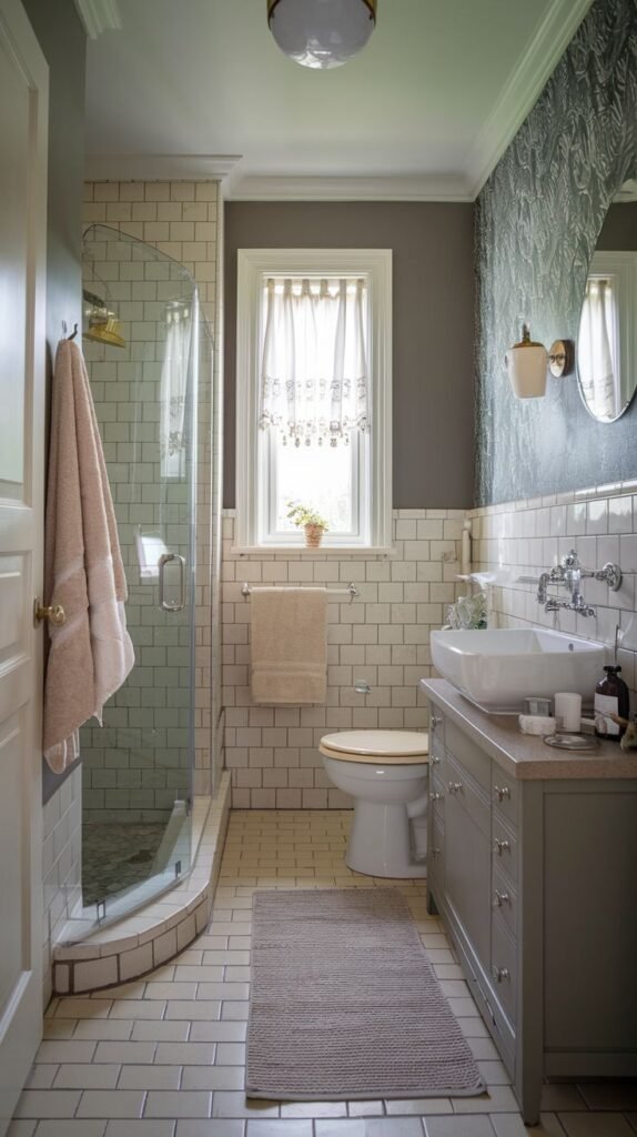 Cozy Small Full Bathroom with a modern grey floating vanity, a rounded glass shower, and a dark, dramatic patterned accent wallpaper on one wall.