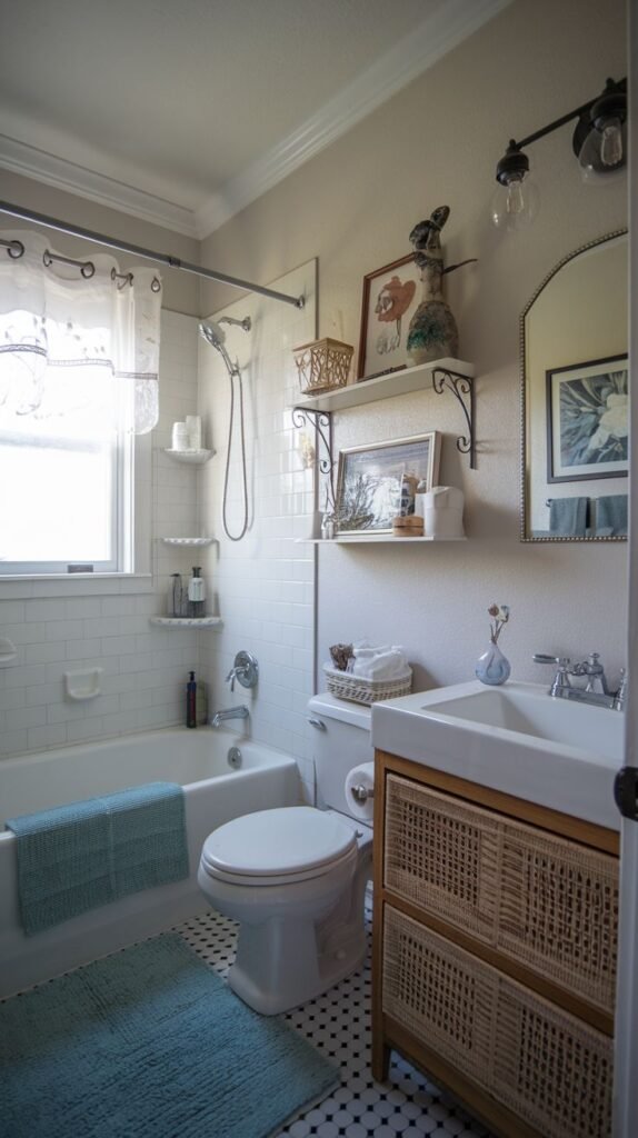 Cozy Small Full Bathroom featuring a wicker and white vanity with open storage drawers, white subway tile wainscoting, and metal-bracketed white shelving above the toilet.