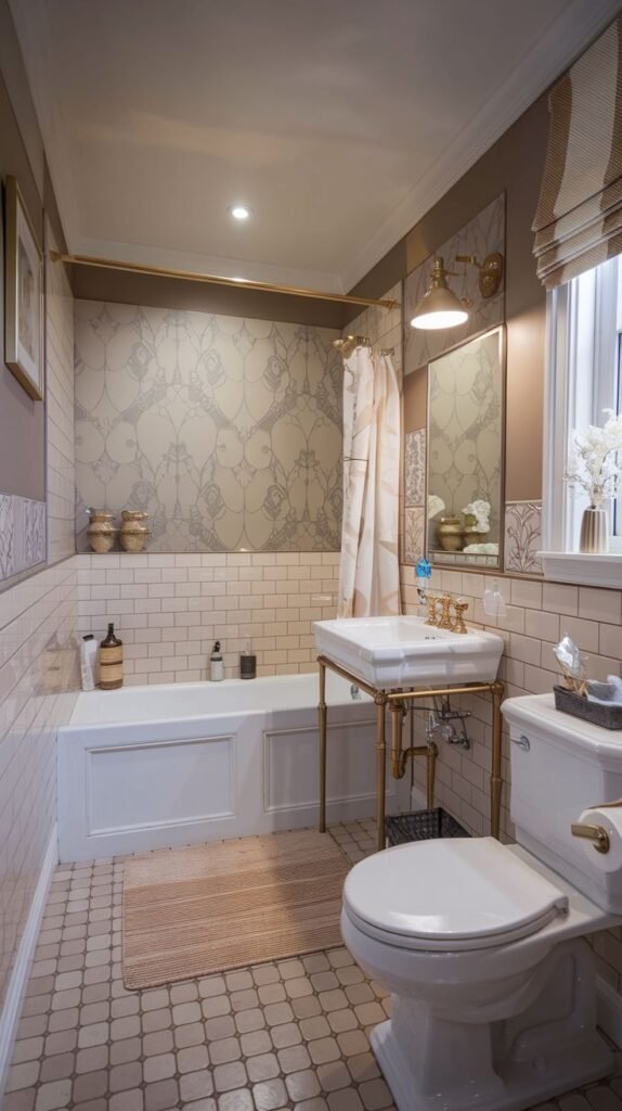 Cozy Small Full Bathroom with opulent gold fixtures, damask patterned wallpaper above white subway wainscoting, and a classical brass-framed console sink.