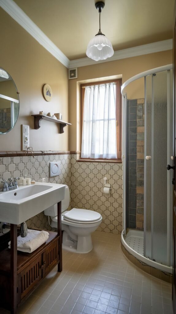 Cozy Small Full Bathroom featuring a space-saving curved glass corner shower stall, mid-century patterned tile wainscoting, and a dark wood vanity.