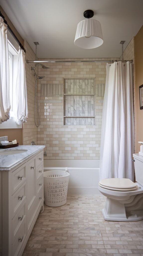 Cozy Small Full Bathroom with light marble tile flooring and countertop, featuring a large, horizontally recessed storage niche built into the beige tiled tub wall.