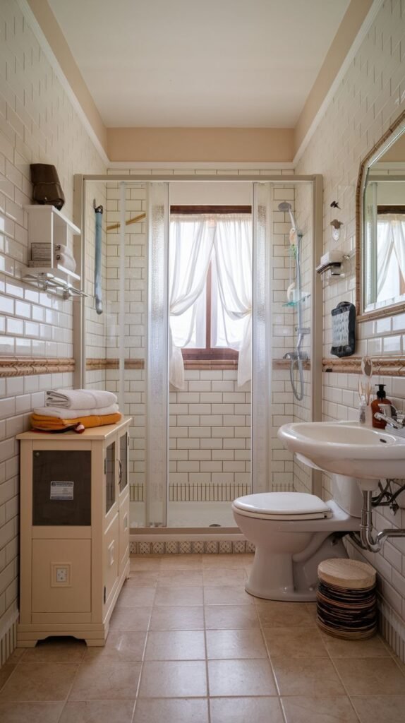 Cozy Small Full Bathroom featuring white subway tile walls, natural light from a window within the shower enclosure covered by sheer curtains, and a freestanding storage cabinet.