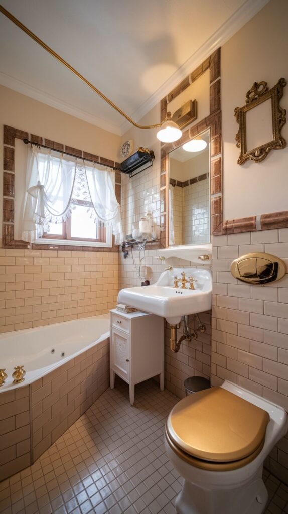 Cozy Small Full Bathroom featuring vintage style, warm beige tile walls with a brick-patterned vertical trim, and gold accents on the toilet lid and fixtures.