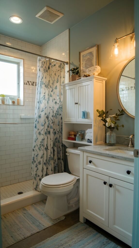 Cozy Small Full Bathroom utilizing a white over-toilet hutch for storage, a white vanity with dark knobs, and a walk-in shower with a blue floral patterned curtain.