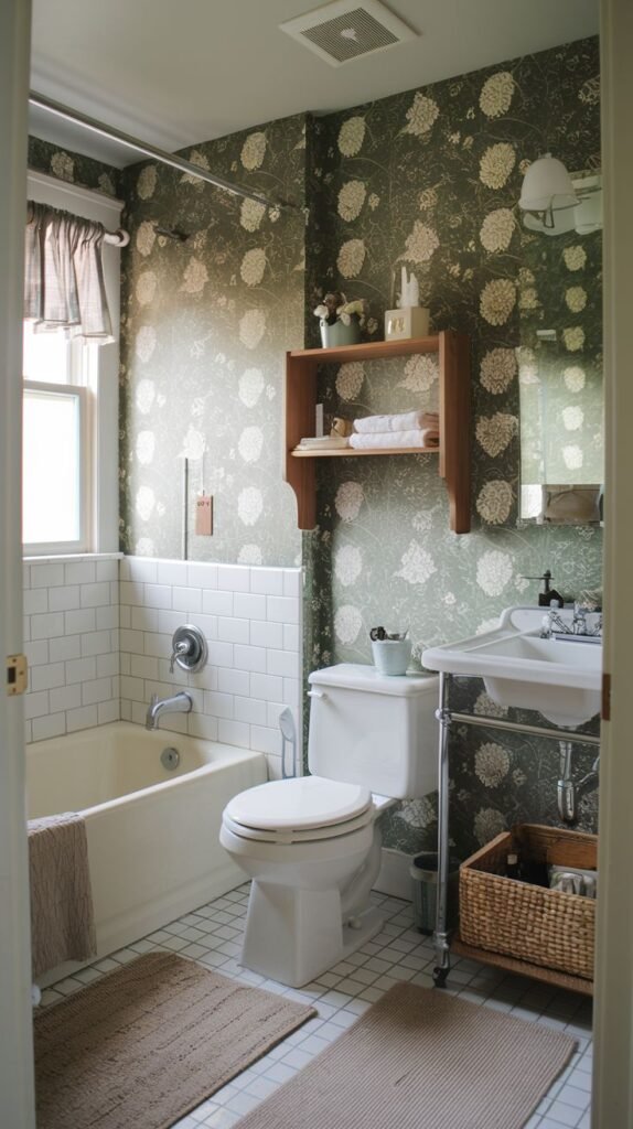 Cozy Small Full Bathroom featuring dramatic dark green floral wallpaper, white subway tile wainscoting, and a console sink next to a large wicker storage basket.