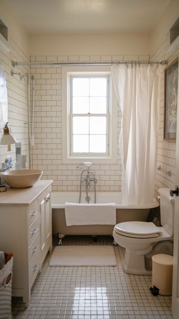 Cozy Small Full Bathroom flooded with natural light from a large window, featuring a clawfoot tub, white subway tile walls, and a light vessel sink on a white cabinet.