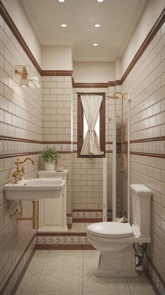Cozy Small Full Bathroom featuring warm, fully tiled walls in cream subway tile with a decorative dark brown trim, and a compact glass shower stall.