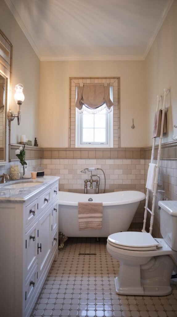 Cozy Small Full Bathroom with a freestanding clawfoot tub, a long white vanity, neutral subway tile wainscoting, and a decorative white ladder used for towel storage.