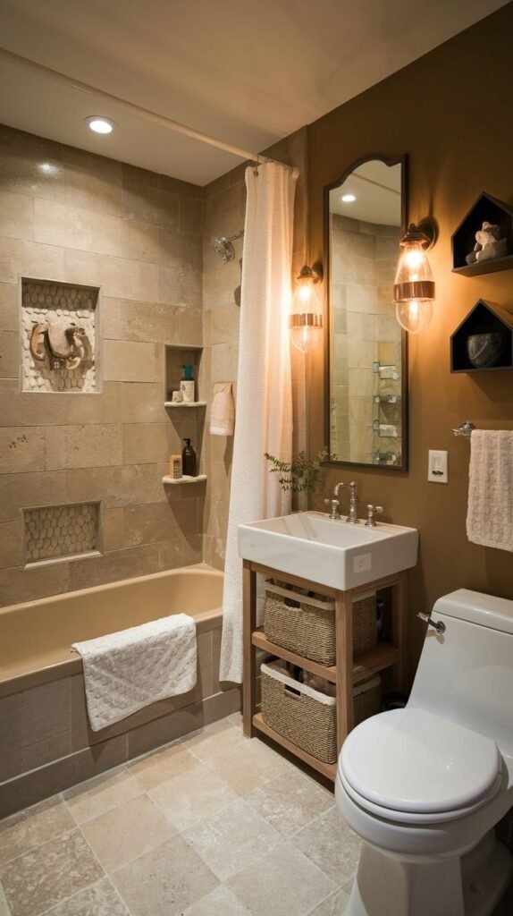 Cozy Small Full Bathroom enveloped in earthy stacked stone tile, featuring recessed shower niches with textured accents, and a wood-frame vanity with basket storage.
