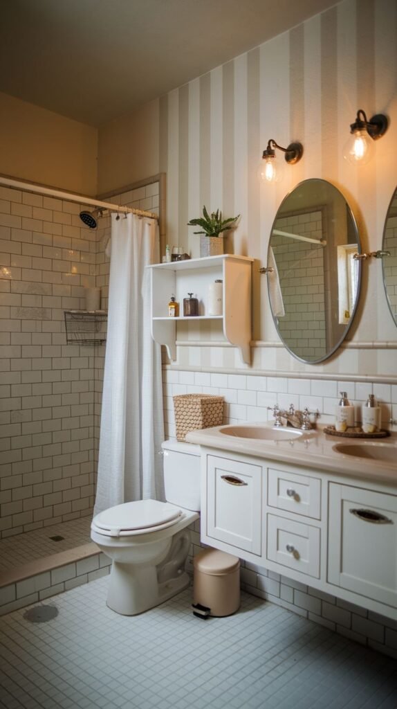 Cozy Small Full Bathroom featuring vertical striped wallpaper on the upper walls, a streamlined white floating double sink vanity, and a white subway tiled shower area.