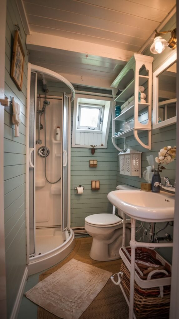 Cozy Small Full Bathroom with light teal shiplap walls, an efficient rounded glass corner shower, and an open white shelving hutch for linens.