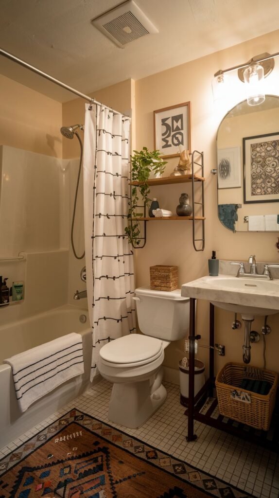 Cozy Small Full Bathroom accented by a large, colorful tribal patterned floor rug, warm peach walls, and a dark wood open shelving unit above the toilet.