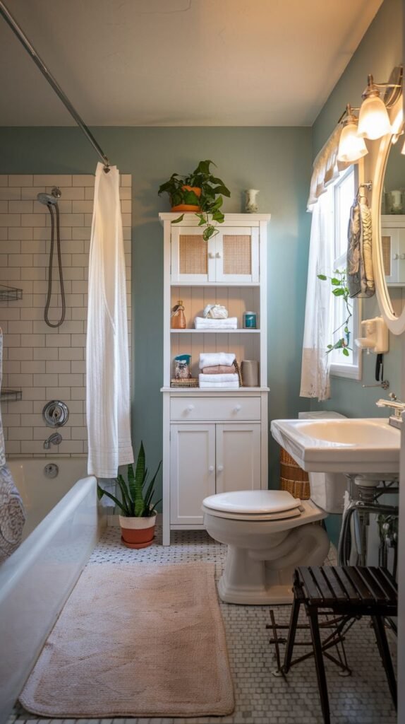 Cozy Small Full Bathroom with light blue-green walls, a white hutch cabinet positioned above and beside the toilet, and potted plants enhancing the decor.