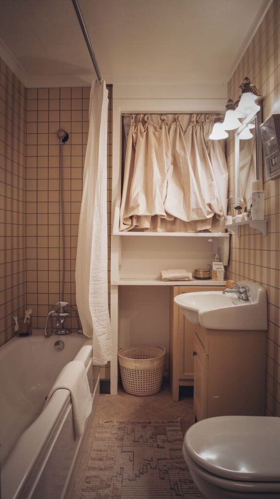 Cozy Small Full Bathroom featuring continuous warm tan square tiled walls and a built-in shelf separating the sink area from the tub, with a sheer window curtain.