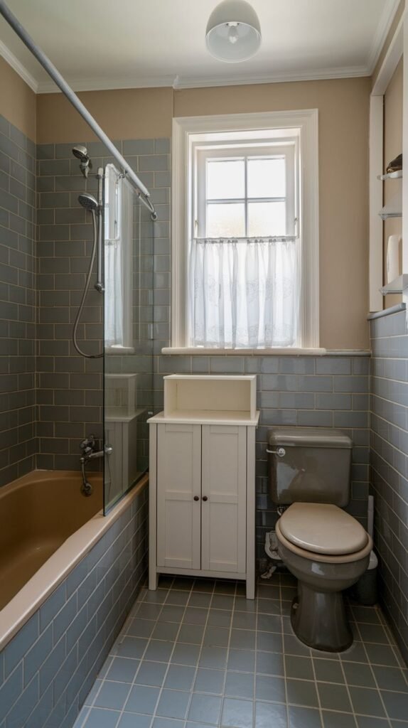Cozy Small Full Bathroom showcasing bold blue-grey subway tile covering the lower walls, a matching grey toilet, and a small white cabinet placed beneath the window.