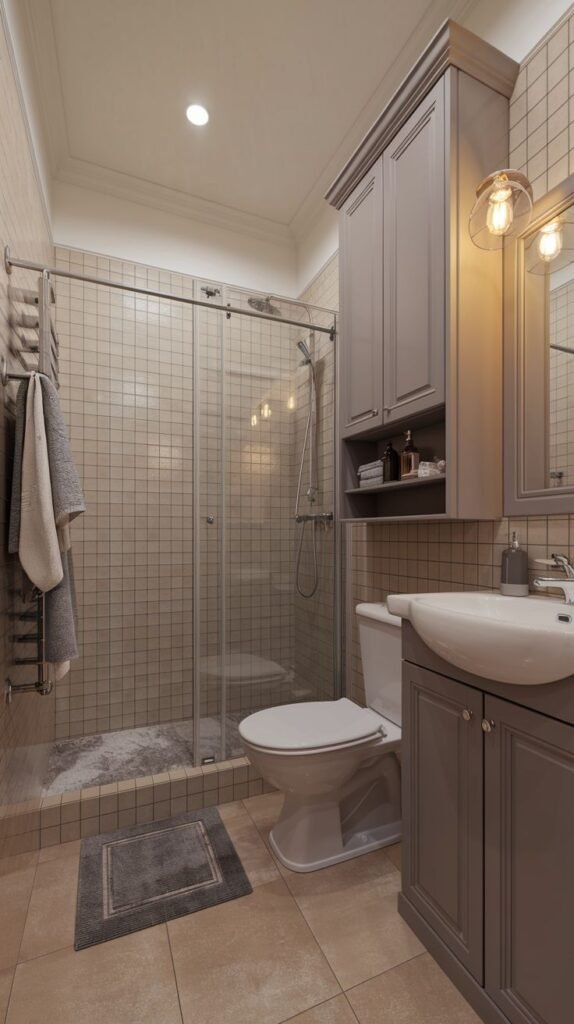 Cozy Small Full Bathroom featuring maximal vertical storage with a tall grey cabinet hutch over the toilet, neutral tiled walls, and a glass sliding shower door.