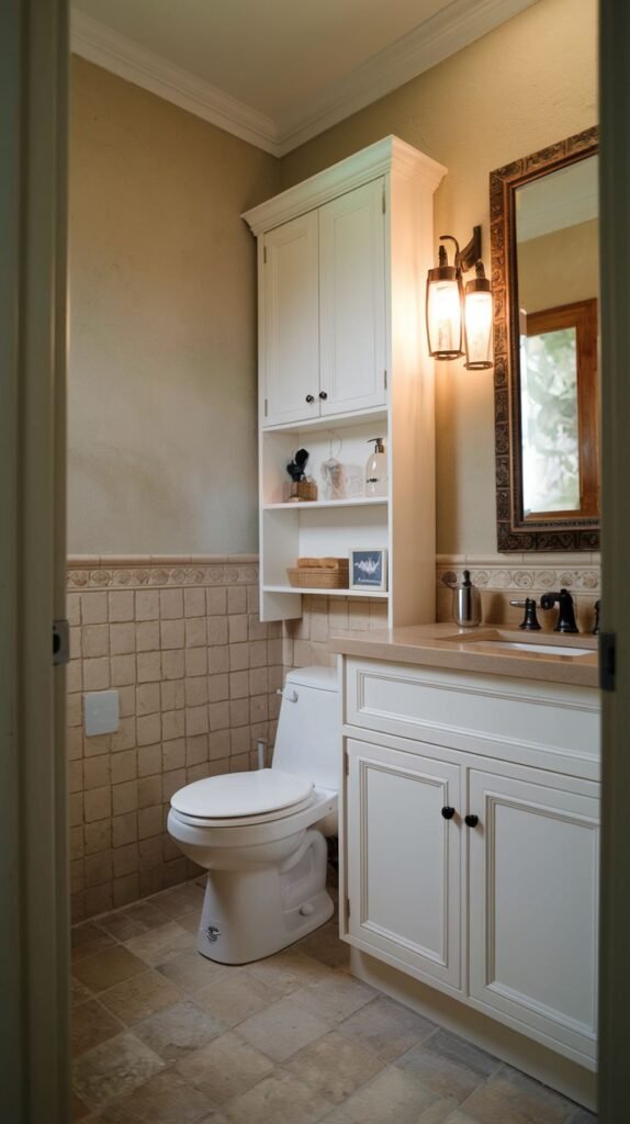 Cozy Small Full Bathroom with a warm neutral palette, featuring a tall white paneled cabinet hutch installed above the toilet for organization.