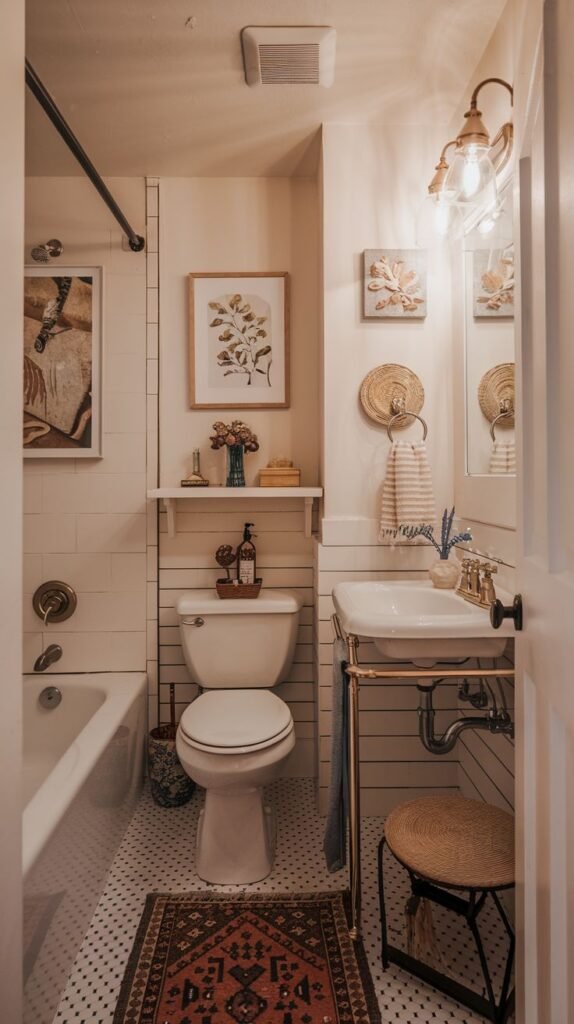 Cozy Small Full Bathroom featuring a console sink with brass legs, white subway tile wainscoting, a shelf over the toilet, and black and white penny mosaic floor.
