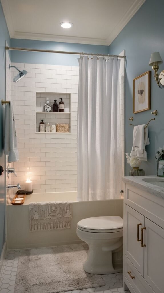Cozy Small Full Bathroom showing a tub/shower area with white subway tile and recessed storage niches, complemented by light blue painted walls and gold fixtures.