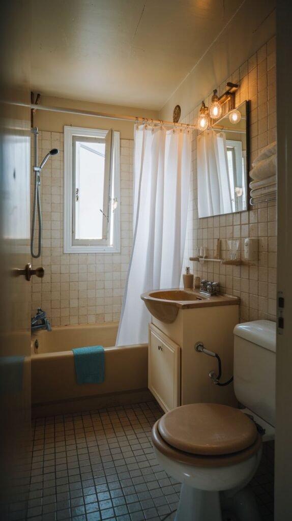 Cozy Small Full Bathroom with retro tan square wall tiles, dark floor tiles, a beige tub, and industrial-style exposed filament bulb vanity lighting.